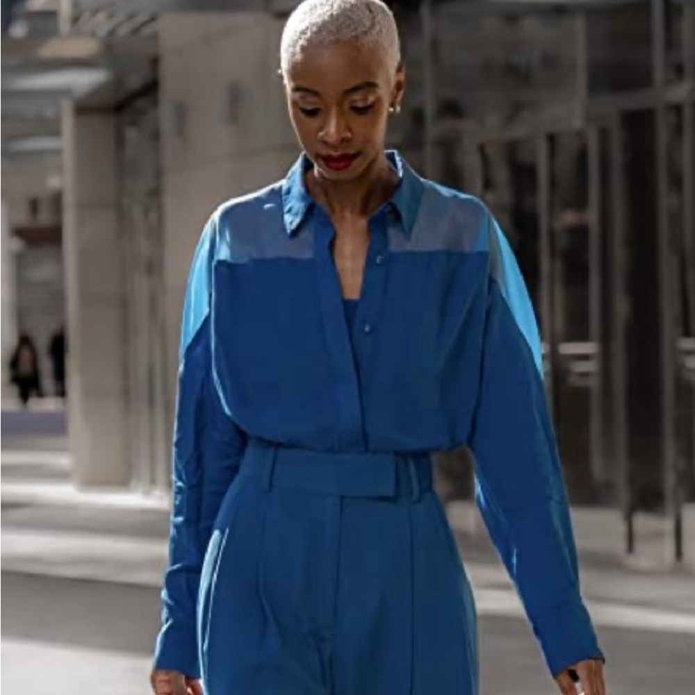 The Drop Women's Blue Sapphire Button Up Shirt with Organza Yoke by @signedblake
